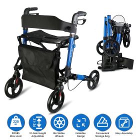 Aluminum Rollator Walker with Seat Backrest Foldable Rolling Walker with 220LBS Max Load 31-36in Adjustable Height 8in Wheels for Seniors Adult M