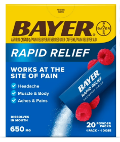 Bayer Rapid Relief Powder Packs with Aspirin & Caffeine, Raspberry Flavor, 20 Count